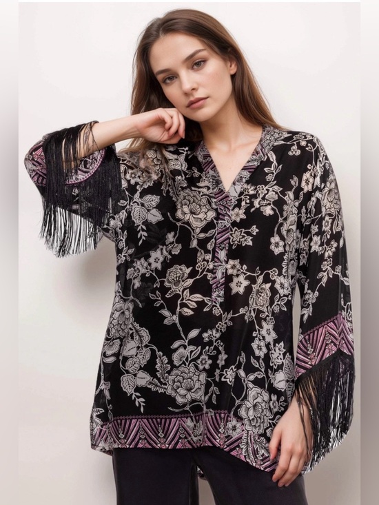 Johnny Was Tops - Johnny Was Black Edina Fringe Blouse XLarge